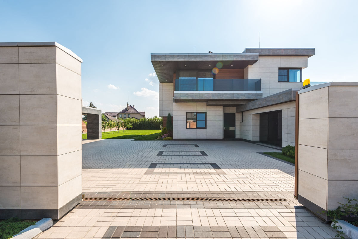 Modern house exterior with a concrete patio