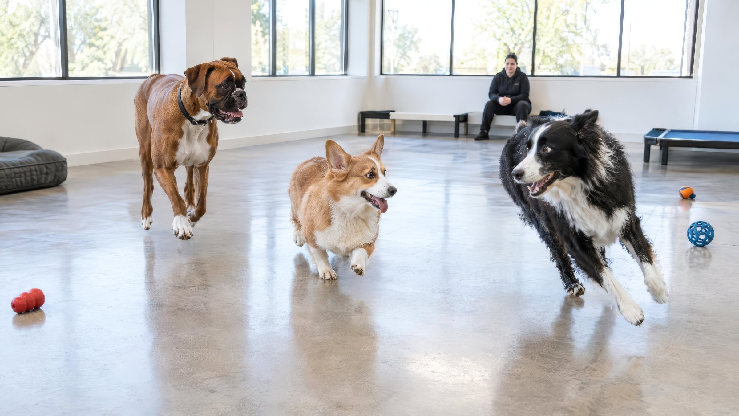 Three dogs playing on a glossy sealed concrete floor in a dog daycare room