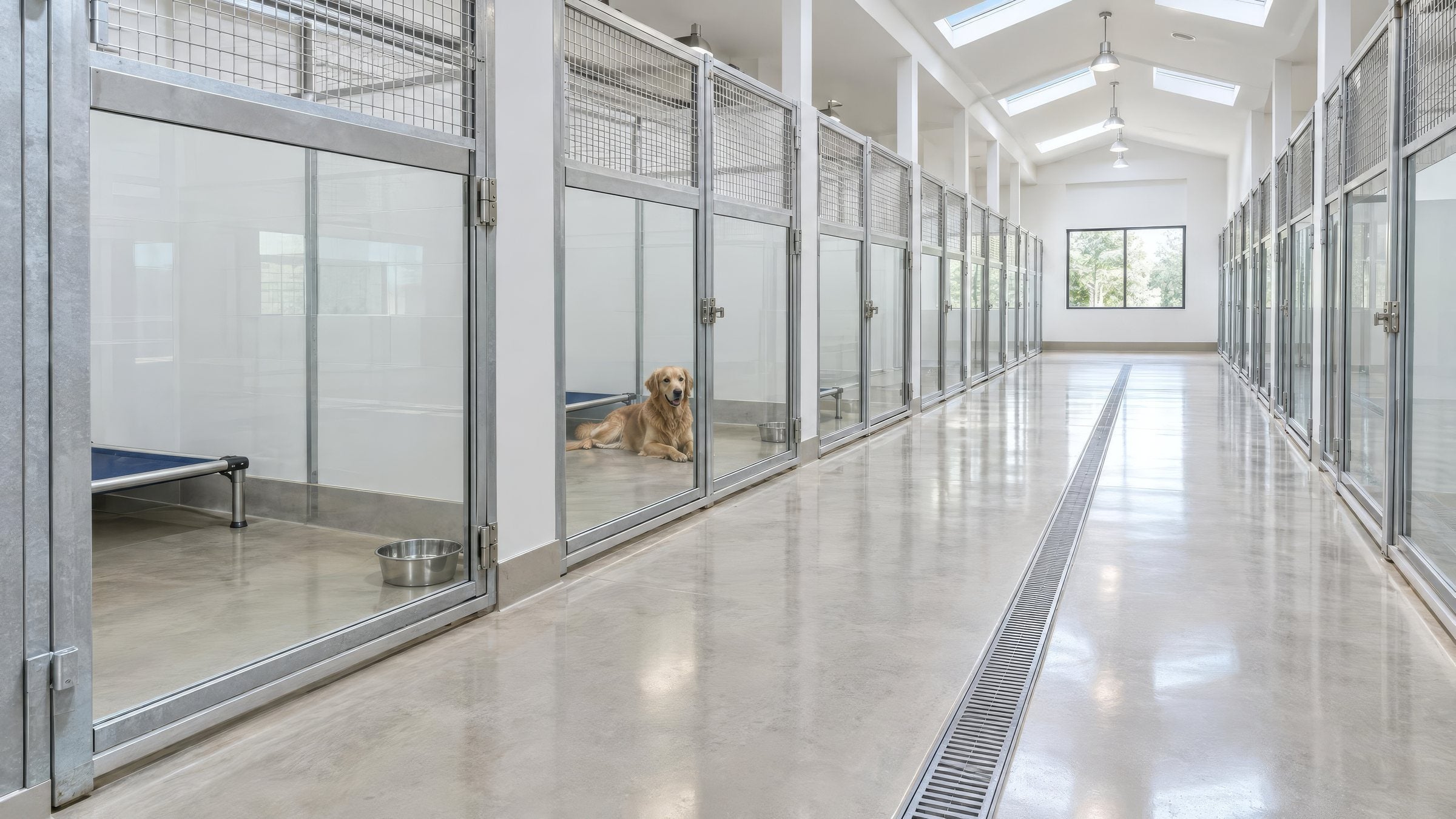 Bright boarding kennel hallway with glass-front dog runs and a glossy sealed concrete floor